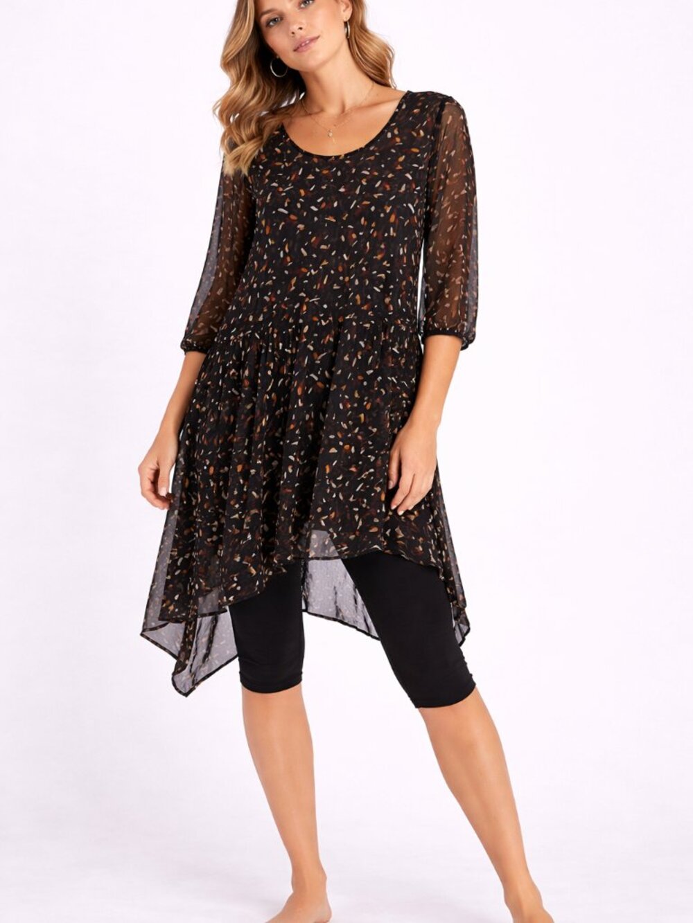 Lisa Bayne Black Abstract Mesh Crinkle Tunic Sharkbite Hem Petite S